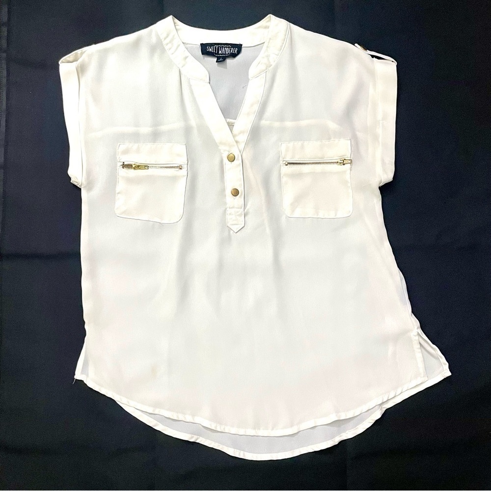 SWEET WANDERER Women’s Semi Sheer Off White Blouse Gold Zippers Size Small